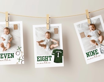 First Year Down Birthday Photo Banner, Monthly Milestone Cards, Football Bunting Decor, High Chair Sign, Editable Instant Download  - Brooks