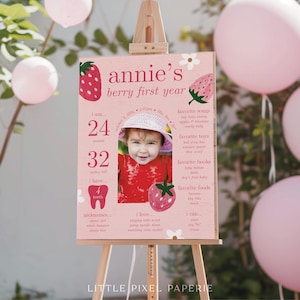 Placa de marco do primeiro aniversário da Berry, pôster da festa de 1º aniversário da Strawberry Shortcake, decoração personalizável, modelo editável para impressão - Scarlett