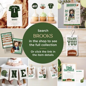 May include: Green and white football-themed party decorations with a football jersey, cupcakes, a thank you tag, a time capsule, and a banner that says "ONE".