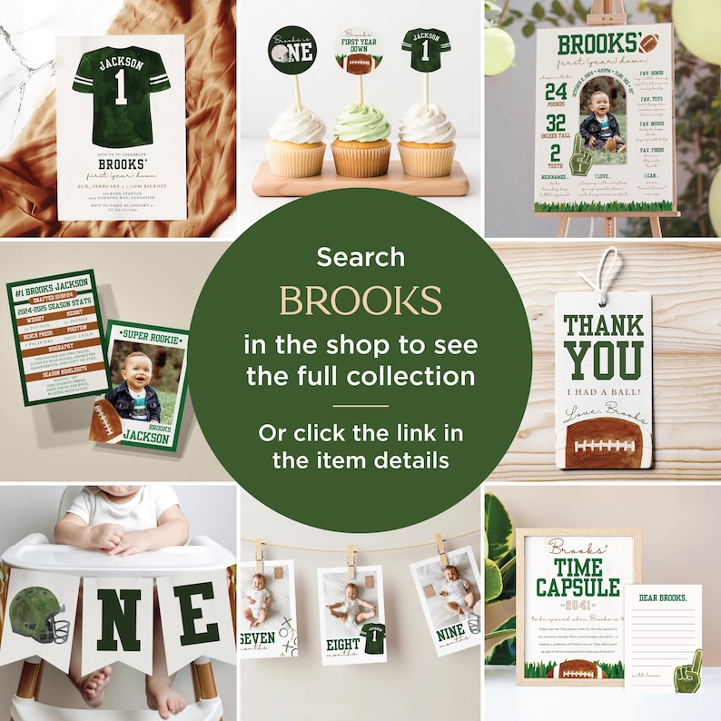 May include: Green and white football-themed party decorations with a football jersey, cupcakes, a thank you tag, a time capsule, and a banner that says "ONE".