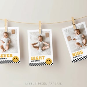 Banner fotográfico de cumpleaños de un tipo feliz, tarjetas de hitos mensuales, decoración de banderines retro, letrero de trona, descarga instantánea editable - Judd