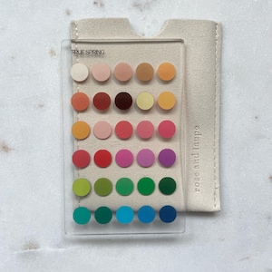 May include: A clear rectangular acrylic card featuring a grid of thirty circular color swatches in various shades, labeled TRUE SPRING at the top. The card is partially inserted into a light beige fabric sleeve with the text rose and taupe printed vertically.