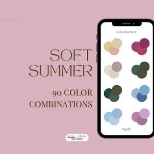 以下が含まれることがあります： スマートフォンには、「SOFT SUMMER」と「90 COLOR COMBINATIONS」というテキストが表示されたカラーパレットガイドが表示されています。画面には、さまざまなモノクロカラーの組み合わせが表示されています。背景はソフトピンクです。
