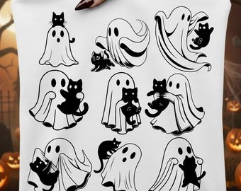 Ghost Cat PNG SVG, Halloween Cats Retro Cats Clipart, Black Kitty Spooky Kitty Design, Cute Ghost Cat Boo Cat Women Girls Halloween Shirt
