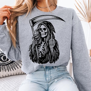 Female Grim Reaper Skeleton Svg Png, Lady Reaper, Fun, Middle Finger Skull Vector Tattoo, Halloween SVG & PNG for Cricut, Instant Download