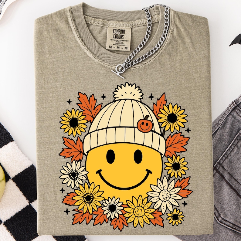 Floral Fall Smiley Face SVG PNG: Boho Thanksgiving Design (digital ...