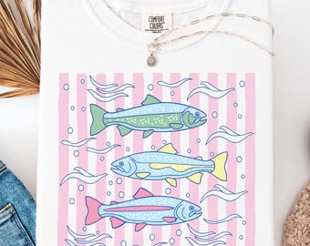 Colorful Trout PNG, Striped shirt, Pink preppy, Retro fishing,  Summer coastal, waves,  Beach Shirts, Summer vacation. Trendy summer shirt