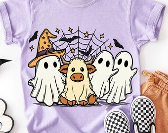 Spooky Cow PNG SVG, Cute Highland Cow Witch Ghost, Halloween Spider Web Bats, Kids Halloween Girly, Women Ghost Trendy Fall Stars