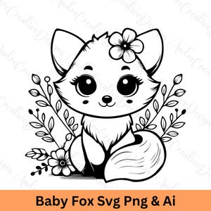 Schattige vos Svg Png | Baby Fox Svg | Bosdieren | Bosbabydieren | Cricut gesneden bestand | Vos met bloemen | Bloemensvg png