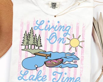 Living on Lake Time SVG PNG – Striped Summer Lake Day Shirt Design, Retro Pontoon Boat Graphic for Cricut, Silhouette & Sublimation