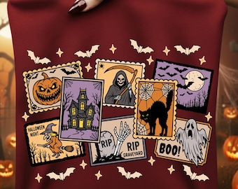 Halloween Stamps PNG SVG Bundle, Vintage Grim Reaper Witch, Spooky Cat Ghost Pumpkin Bats, Scary Halloween Cats, Retro Fall Moon Spider Web
