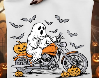 Spooky Ghost on Motorcycle PNG SVG, Cute Ghost Boys Halloween, Kids Halloween Toddler, Retro Fall Pumpkin, Funny Vintage Trendy Spooky