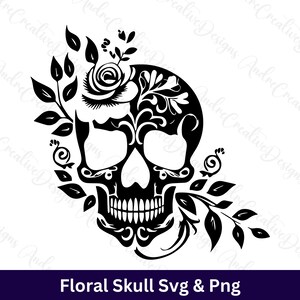 Svg crâne floral | Clipart crâne | Crâne avec fleur | Squelette floral | Svg squelette | silhouette squelette | Téléchargement instantané