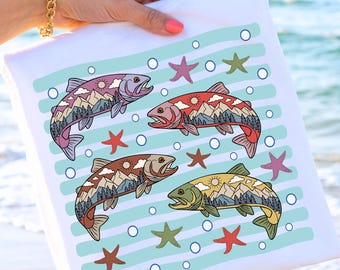 Colorful Trout PNG, Striped shirt, Trout fish, Retro fishing,  Summer coastal, waves,  Beach Shirts, Summer vacation. Trendy summer shirt