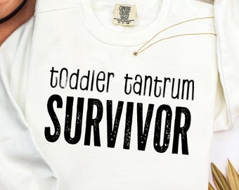 Toddler Tantrum Survivor SVG PNG – Vintage Varsity Mom Life Quote, Funny Parenting Meme Shirt Design for Exhausted Parents and Toddler Chaos