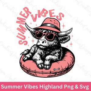 Vibras de verano Svg Png / Diseño de vaca de las Tierras Altas Png / Diseño de camiseta de verano retro / Estampado de camiseta de playa divertida Svg / Gráfico de playa / Gráfico vectorial