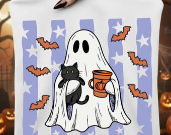 Cute Halloween Ghost Png Svg, Halloween Cat, Black Cat, Women Halloween, Halloween Stars, Halloween Bats, Spooky Season Sublimation