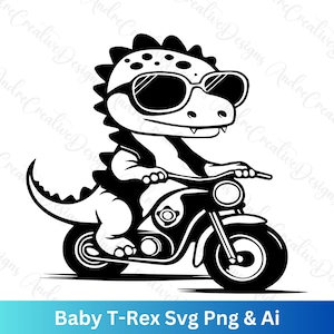 Bebê Dino Em Motocicleta Svg | Dino Svg | Tiranossauro Svg | Clipart Dino | Verão Dino | T-Rex Svg Png | Cricut | Arquivos de Corte de Dinossauro