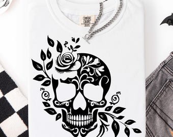Floral Skull SVG PNG: Gothic Tattoo Design (Digital Download)