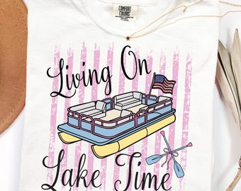 Living on Lake Time SVG PNG – Striped Summer Lake Day Shirt Design, Retro Pontoon Boat Graphic for Cricut, Silhouette & Sublimation
