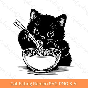 Cartoon kat svg, schattige kat png, kat die ramen eet, Japanse noedel PNG, vintage kat PNG, trendy illustraties, digitale PNG, afdrukbaar ontwerp.