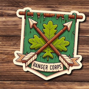 May include: A green banner with a brown oak leaf and two crossed arrows. The banner has the text "Ranger Corps" on it.