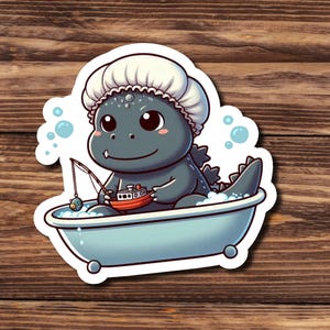 May include: A black and gray cartoon monster with a shower cap is taking a bath in a blue bathtub. The monster is holding a red toy boat and a fishing rod with a blue fish on the end. There are blue bubbles around the monster.