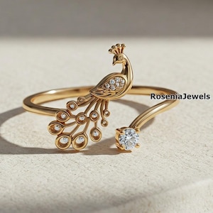 Open Diamond Peacock Ring, Minimalist Peacock Ring, Statement Ring, Adjustable Peacock Ring For Women, 14K Gold Ring, Bird Lover Gift Ring