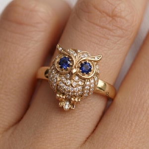 Bague hibou yeux bleus en or 14 carats, saphir bleu et bague oiseau diamant rond blanc, cadeau pour amateur de hibou, bijoux inspirés de la nature, bague unisexe