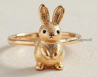 【ウサギページ】金 指輪 14K リング 天然石 刻印入りウサギの指輪・14Kゴールドのウサギ印章リング・ハート型