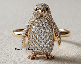 Round Cut Diamond Penguin Ring, Cute Penguin Ring, Animal Inspired Ring, Minimalist Penguin Ring, 14K Yellow Gold Ring, Dainty Penguin Ring