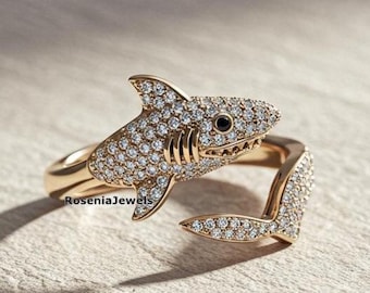 Gorgeous Minimalist Shark Ring, 14K Solid Gold Whale Sea Animal Jewelry, Stylish Round Moissanite Adjustable Ring For Men