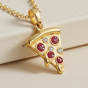 Cheesy Pizza Slice Dainty Pendant, Ruby White Round Cut Diamond Party Wear Pendant, 14K Gold Food Lover Pendant, Funny Junk Food Jewelry