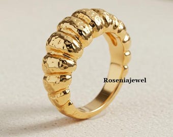 Croissant gouden ring, kleine dikke Franse croissantring, minimalistische twist-zegelring, ontbijtgebak-sieraden, 14K massief gouden pinkring