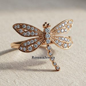 Grande bague libellule, élégante bague de fiançailles diamant libellule, bague inspiration insectes, bague délicate, petite bague diamant insecte, bague en or 14 carats