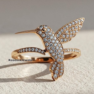 Round Cut Diamond Cocktail Ring, Beautiful Hummingbird Wedding Ring, Flying Bird Ring, Bird Inspired Ring, 14K Yellow Gold Hummingbird Ring