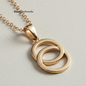 Collier à anneaux, collier cercle entrelacé en or 14 carats, collier double anneau, pendentif à breloques entrelacés, pendentif minimaliste, cadeau pour elle