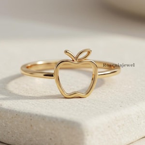 Minimalist Apple Ring, Dainty Daily Wear Ring, 14K Solid Yellow Gold Unisex Ring, Tiny Fruit Jewelry, Fruit Lover Gift, Leaf Inspired Ring
