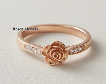 Tiny Rose Flower Ring in 14K Solid Gold, Vintage Dainty Floral Engagement Ring, Round Moissanite Statement Jewelry