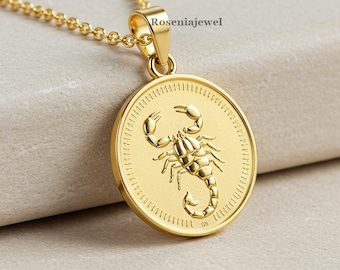 14K Gold Scorpio Pendant, Personalized Scorpio Round Pendant, Scorpion Astrology Jewelry,  Medallion Scorpio Zodiac, Insect Inspired Pendant