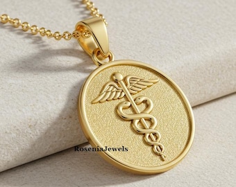 Caduceus-Anhänger, Sanitäter-Anhänger, Abschlussfeier-Geschenk für Mediziner, Benutzerdefinierte 14K Gold-Gesundheits-Symbol-Amulett, Abschlussfeier-Geschenk, medizinisches Symbol