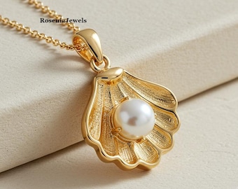 Winona SeaShell Pearl Oyster-hanger, parel in schelphanger, oceanische nautische hanger, zoetwaterparel, 14K gouden oesterparelhanger