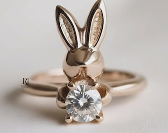 刻印入りウサギの指輪・14Kゴールドのウサギ印章リング・ハート型