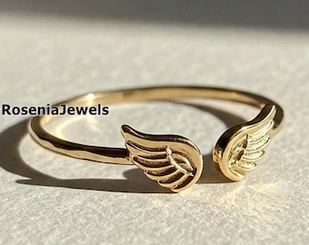 Angel Wings Ring, Adjustable Angel Ring, Princess Angel Ring, 14K Solid Gold Ring, Angel Wing Statement Ring, Open Cuff Ring, Promise Ring