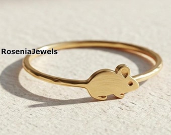 Anello con topo, anello minimalista con ratto, anello unico con topo, anello in oro massiccio 14 carati, anello con animale, anello con grazioso topo, anello con topi semplice
