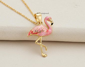 Cute Flamingo Pendant, Pink Enamel Tropical Bird Pendant, 14K Solid Yellow Gold, Beach Inspired Jewelry, Animal Jewelry, Flamingo Lover Gift