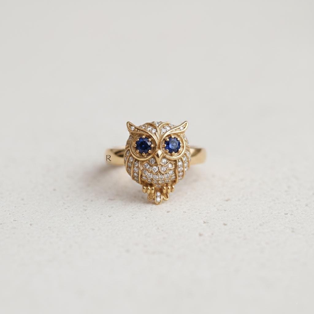 14K Gold Blue Eyes Owl Ring, Blue Sapphire & White Round Diamond Bird Ring, Owl Lover Gift, Natu