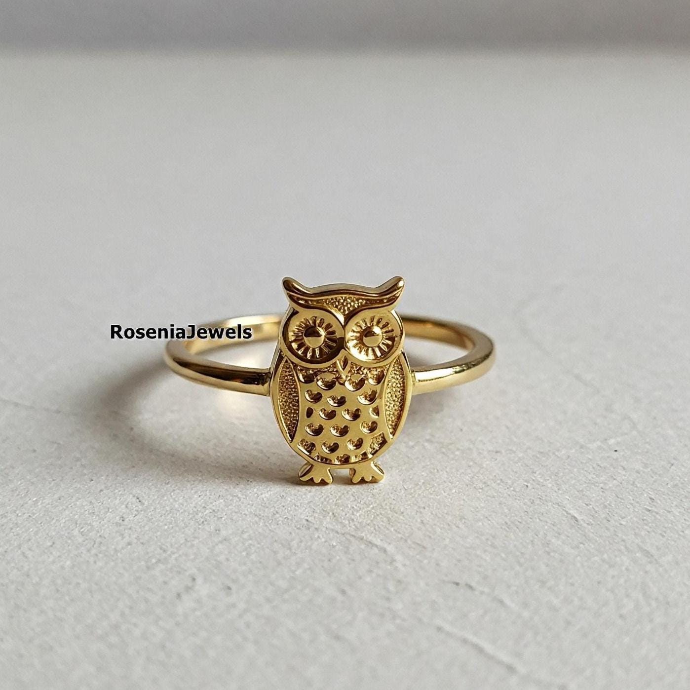 Owl Ring, Minimalist Owl Yellow Gold Ring, 14K Gold Ring, Unique Owl Ring, Minimalist Handmade Ring,