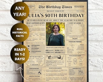 Personalized 50th Birthday Newspaper Poster: 1975 Facts (Digital Download)