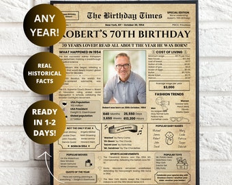 70th Birthday Newspaper Poster: Personalized 1954 Gift (Digital Download)